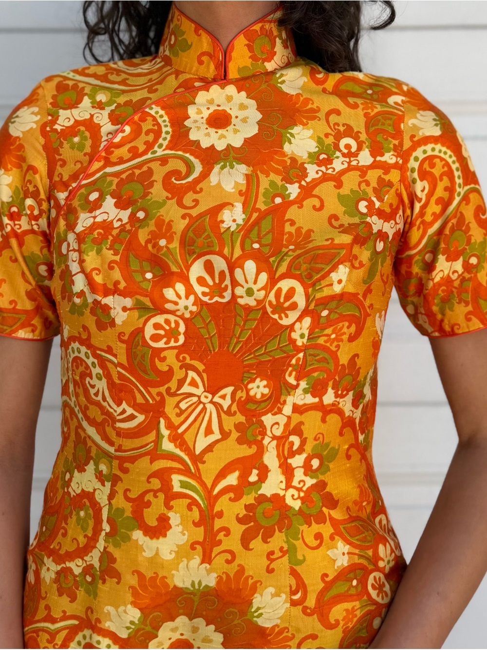 Vintage 60s Orange Raw Silk Floral Midi Dress Cheongsam with Jacket - Picture 15 of 17